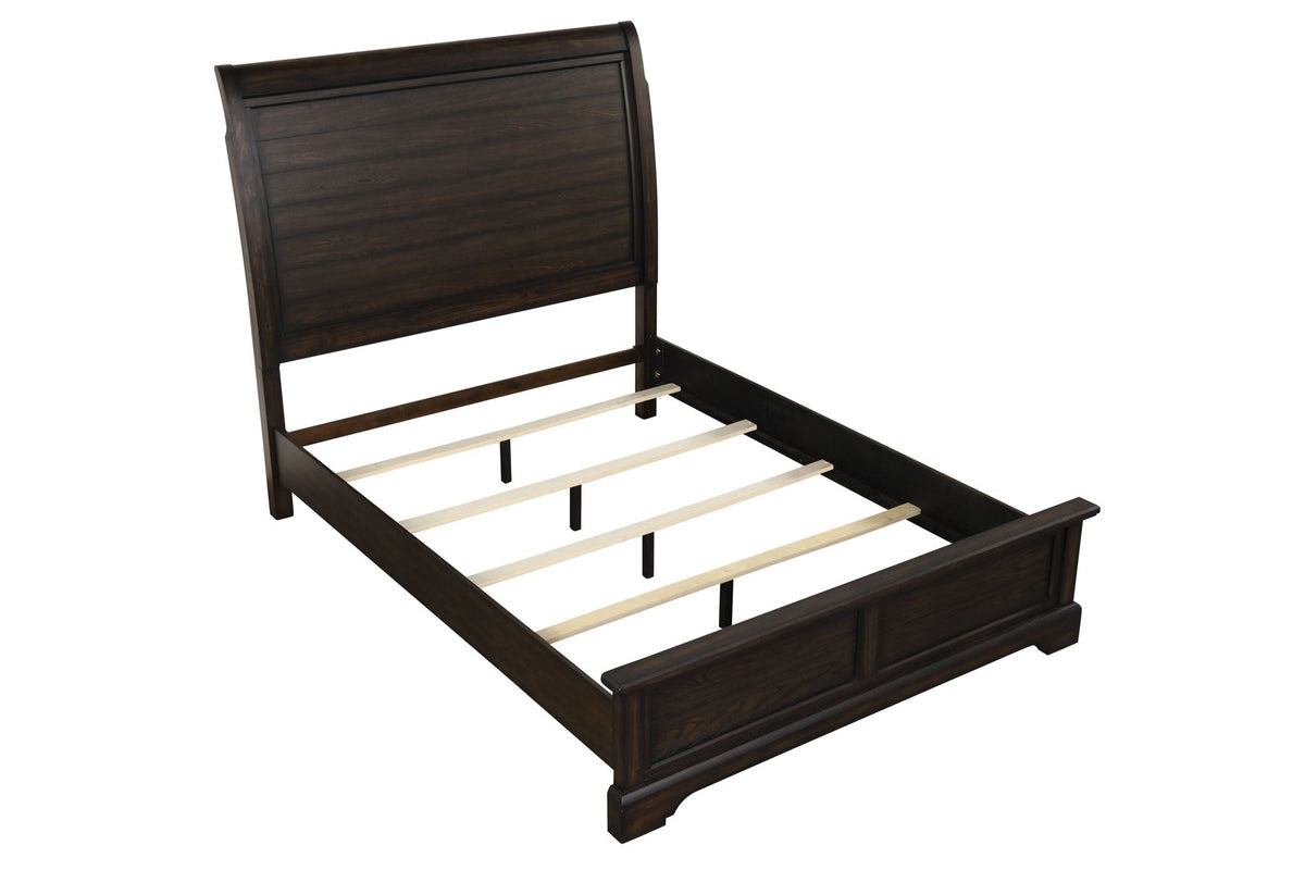 Crafted Sleigh Bed by HouseOfZazla, dark wood frame with curved headboard and footboard on Tampa Home & Garden Store