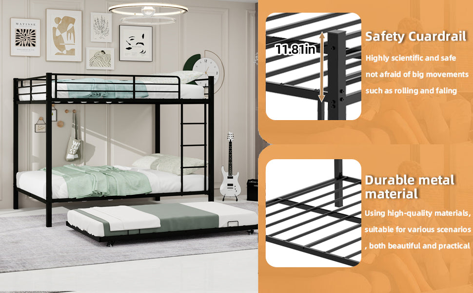 Durable square-tube iron full-size bunk bed black with ladder and guardrails by HouseOfZazla on Tampa Home & Garden Store