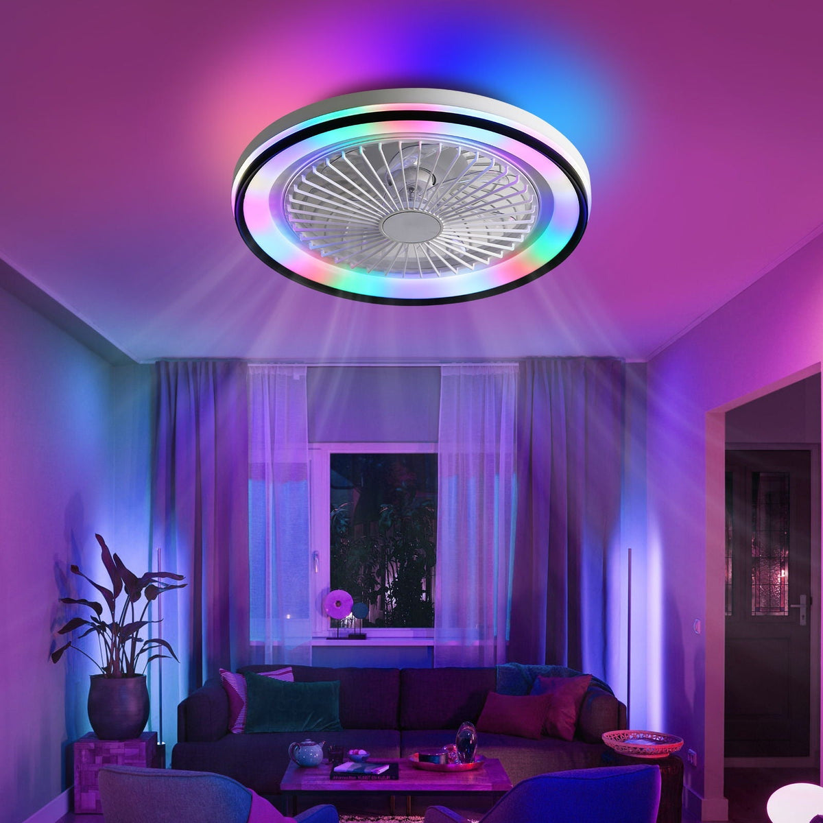 Ceiling fan RGB Dimmable LED bladeless with remote by HouseOfZazla; colorful ring lighting on Tampa Home & Garden Store