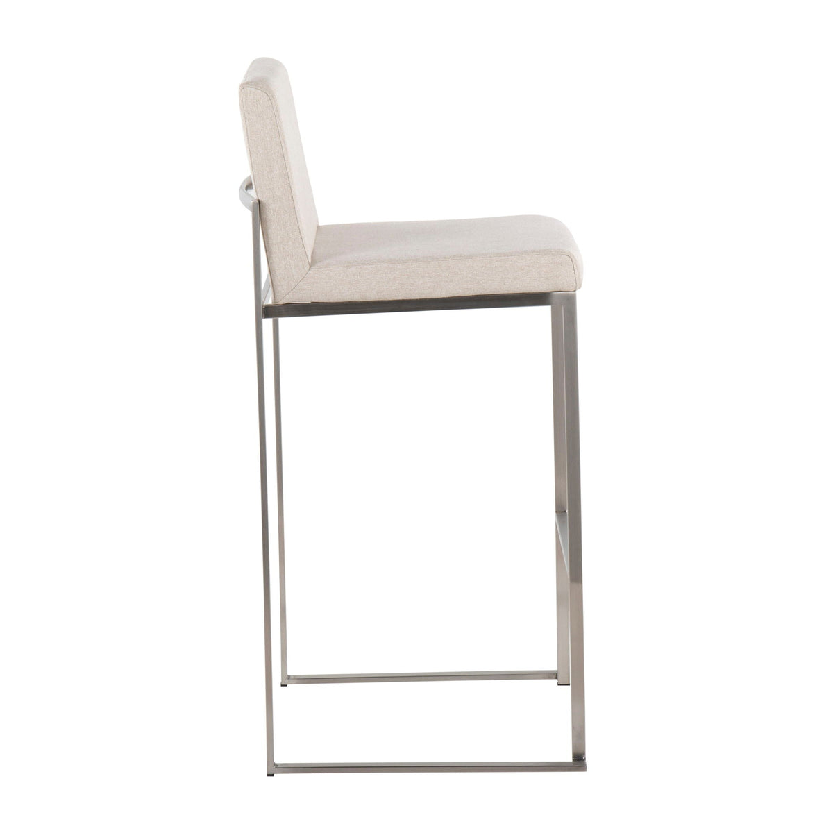 Contemporary high-back barstool with beige upholstered seat and back, chrome metal frame on Tampa Home & Garden Store