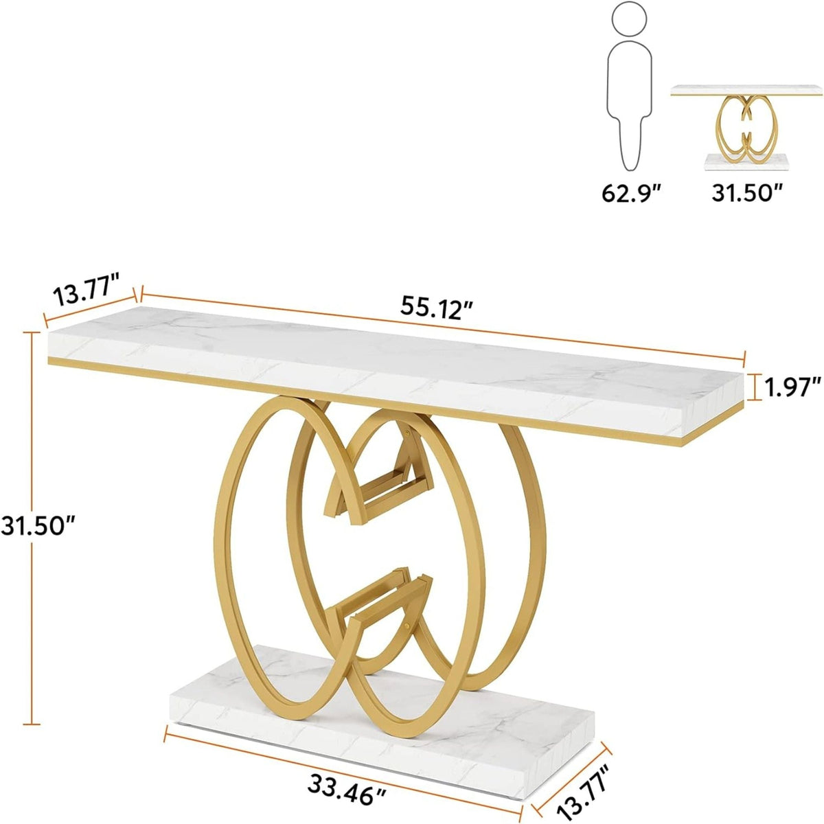 White faux marble top console table with gold circular geometric base by HouseOfZazla on Tampa Home & Garden Store