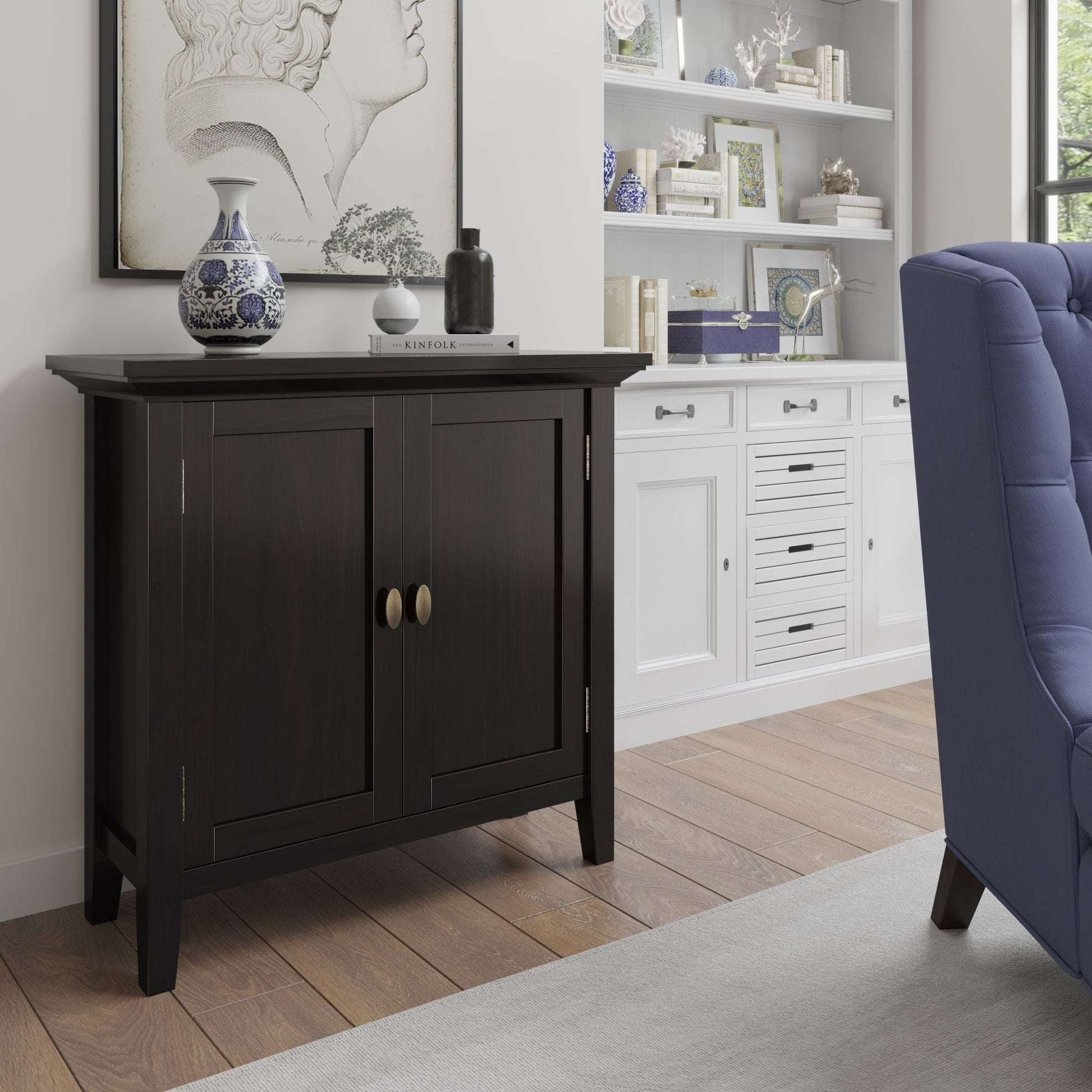 Redmond low storage cabinet in Hickory Brown by HouseOfZazla, dark wood accent cabinet on Tampa Home & Garden Store
