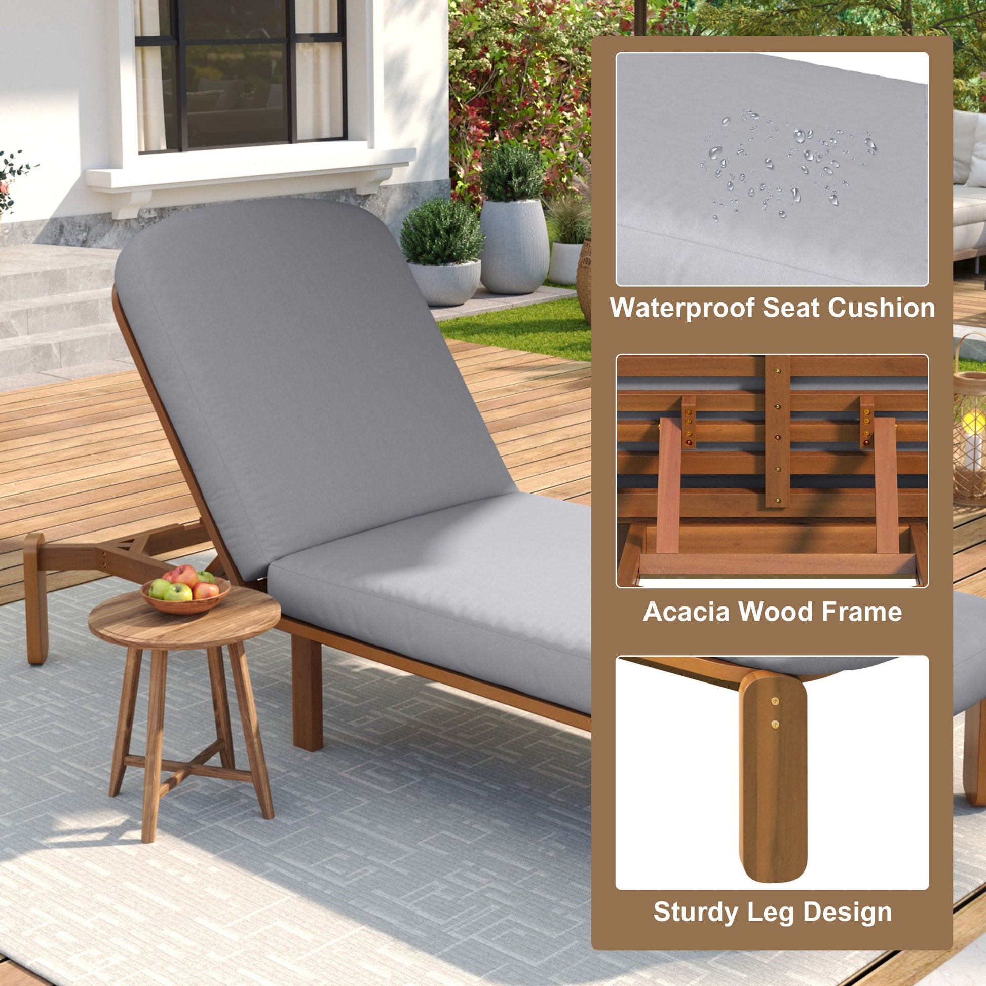Outdoor Chaise Lounge with Adjustable Backrest, grey waterproof seat cushion, acacia wood frame on Tampa Home & Garden Store