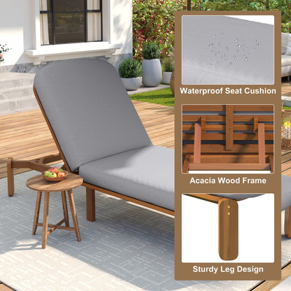 Outdoor Chaise Lounge with Adjustable Backrest, grey waterproof seat cushion, acacia wood frame on Tampa Home & Garden Store