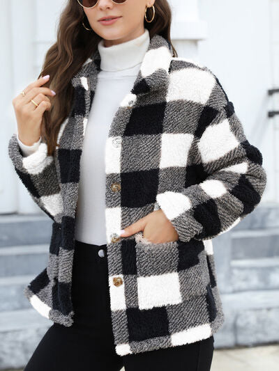 Stevvex fuzzy plaid jacket, black white gray check pattern, button-up, drop-shoulder on Tampa Home & Garden Store
