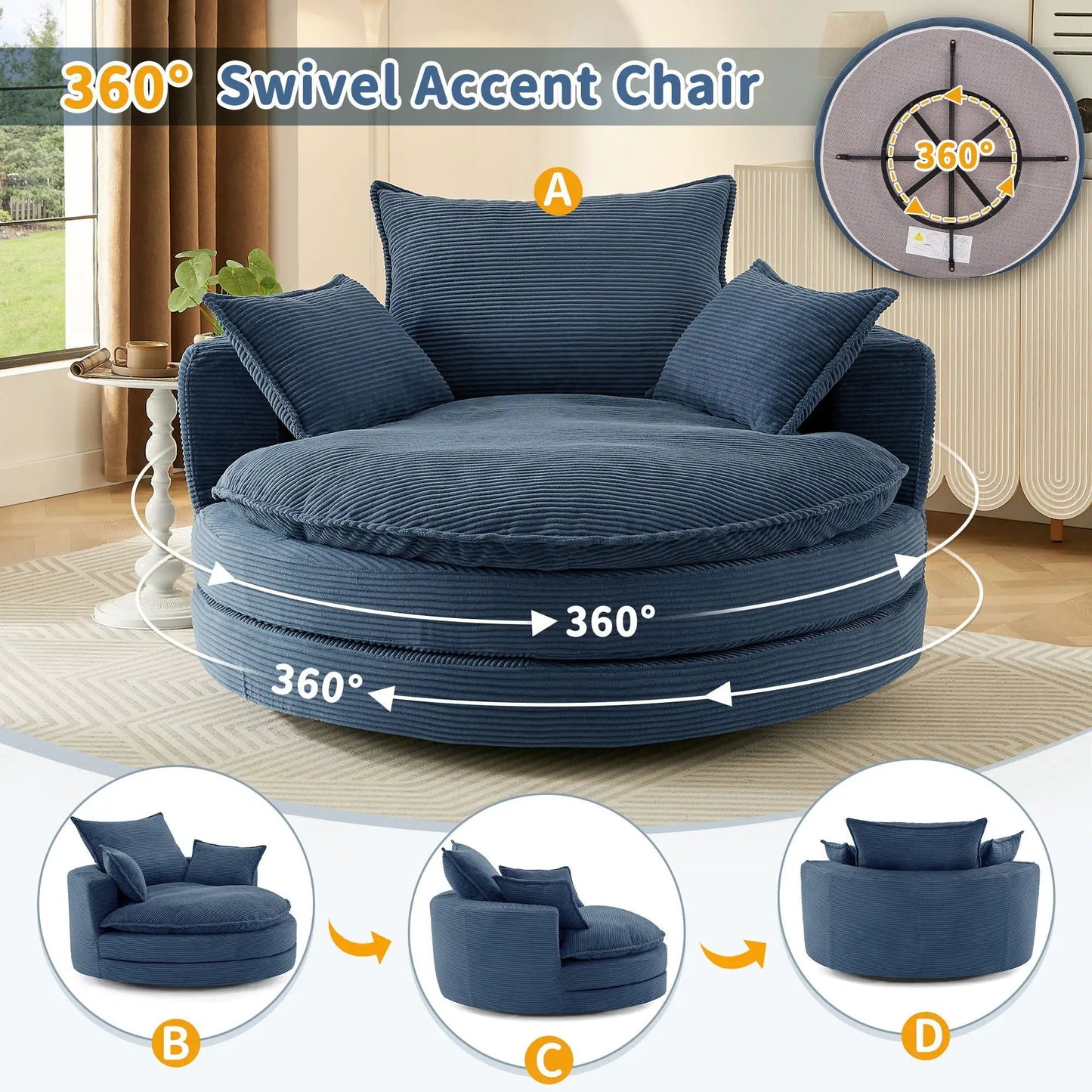 360 Degree Swivel Barrel Chair with Dual Cushions