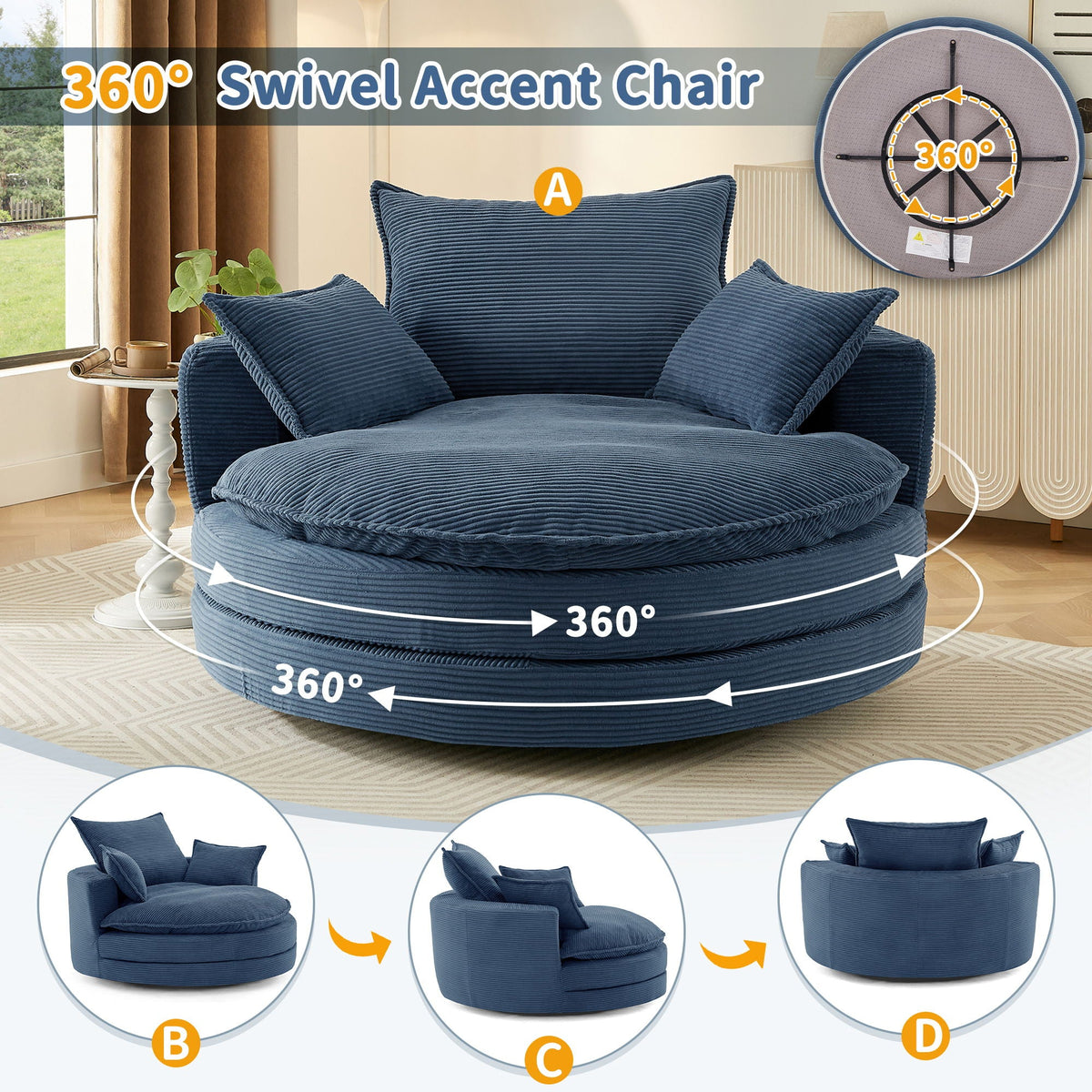 Swivel Barrel Chair with Cushion and Pillows in blue ribbed fabric by HouseOfZazla on Tampa Home & Garden Store