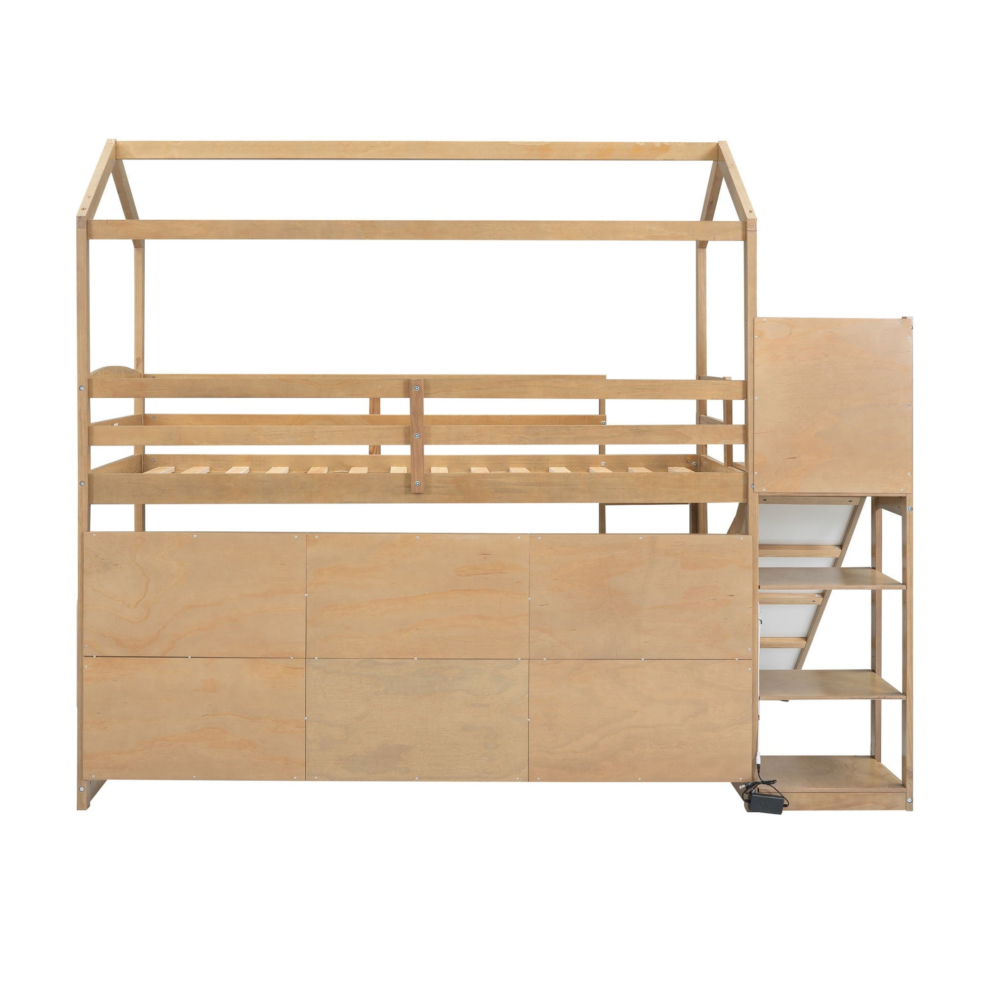 HouseOfZazla loft bed frame in natural wood with built-in stairs and side storage panel on Tampa Home & Garden Store