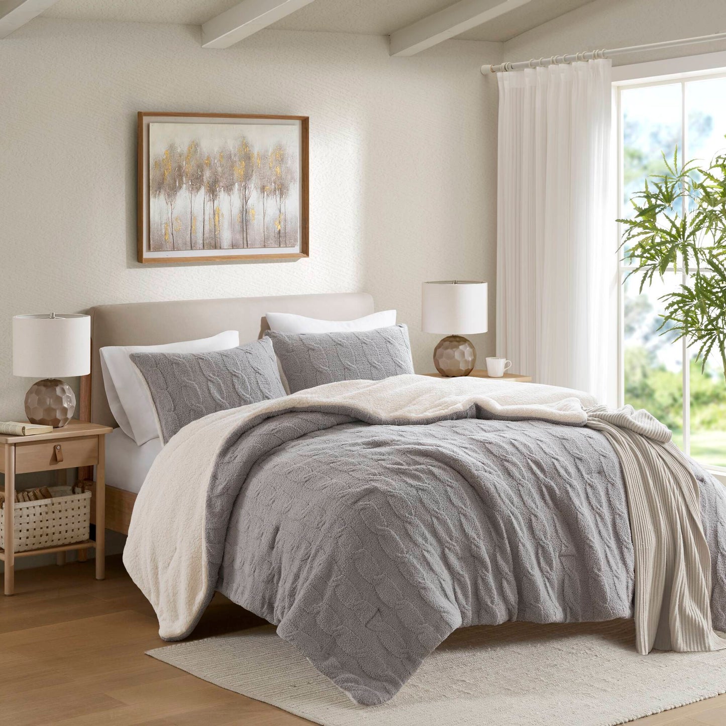 3-Piece Full/Queen Cable Knit Chenille Comforter Set Gray by HouseOfZazla on bed in a room on Tampa Home & Garden Store