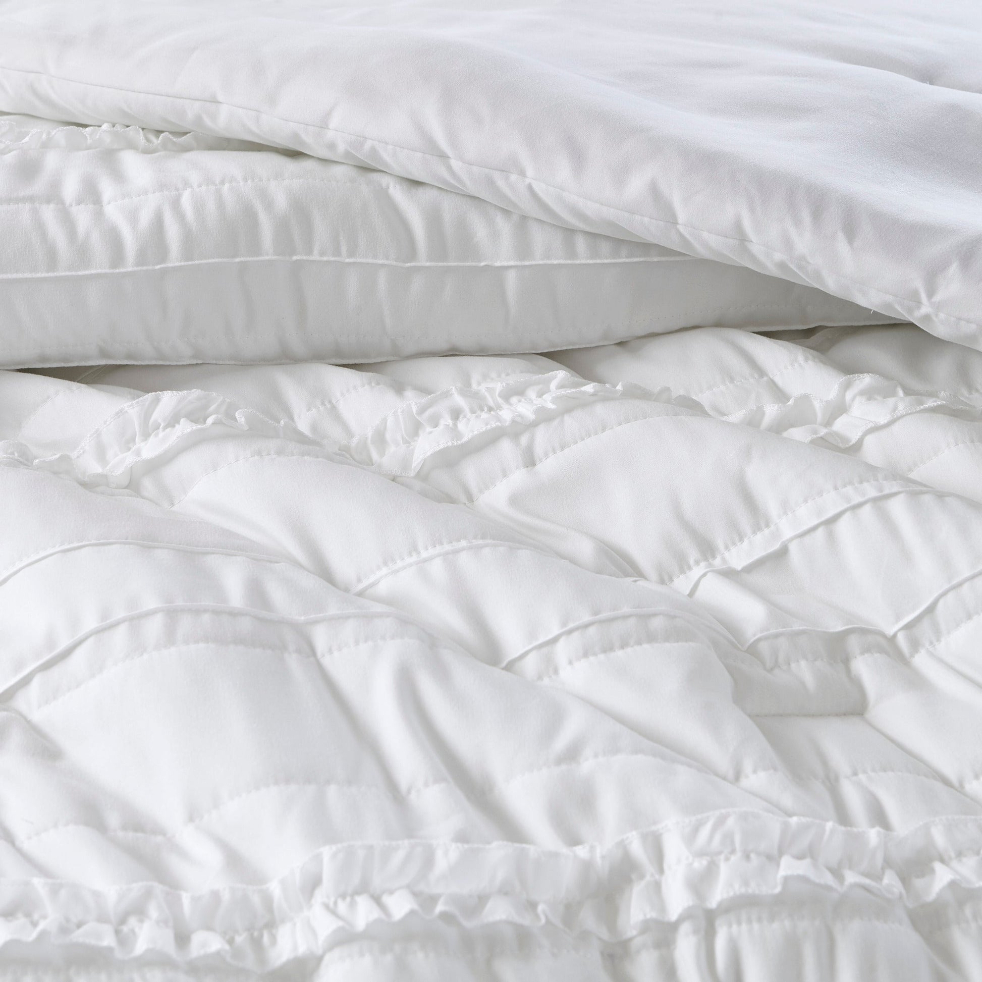 5 Piece Microfiber Ruffled Comforter Set White Queen with quilted design and ruffled edges on Tampa Home & Garden Store
