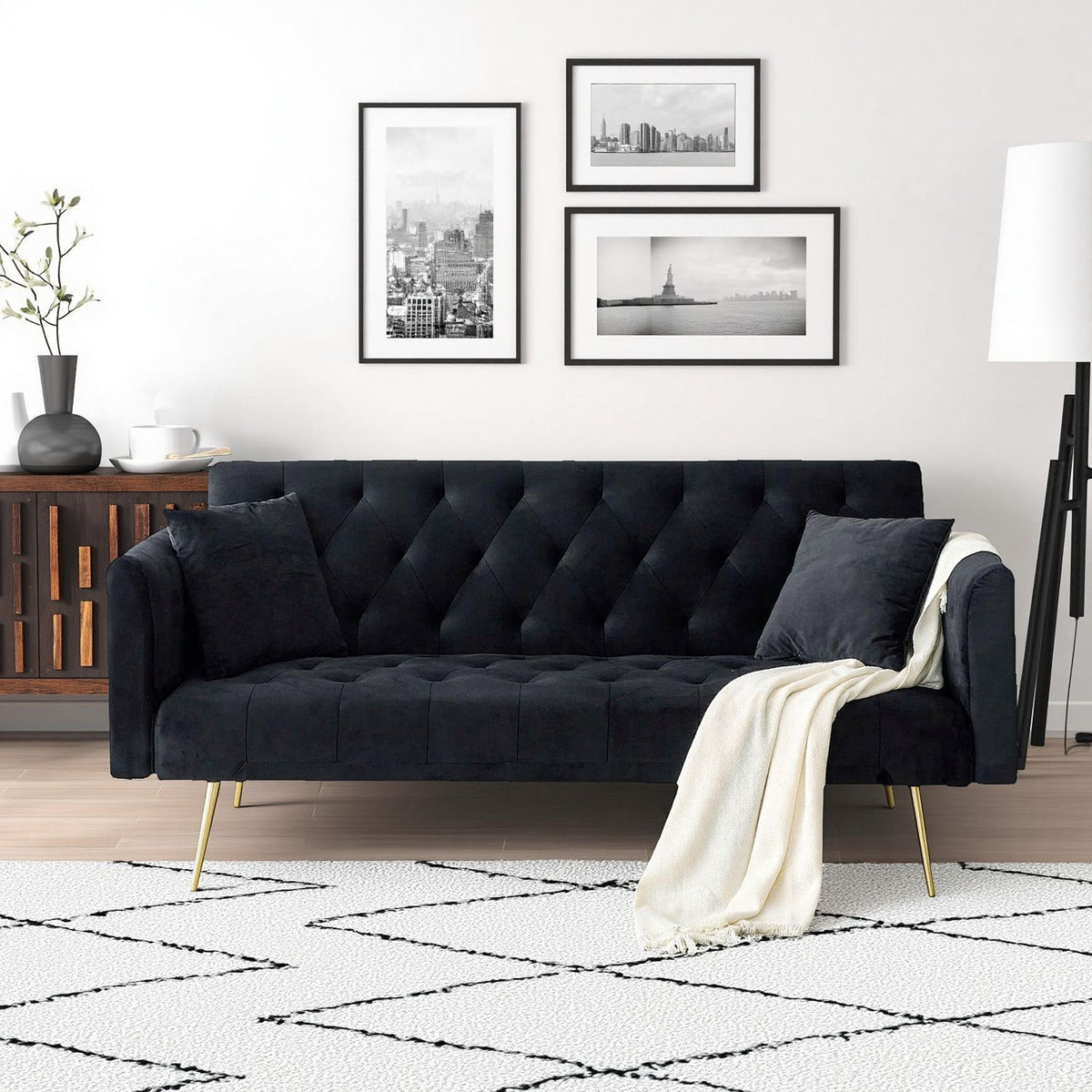 71-inch Foldable Double Sofa in black tufted fabric with gold legs HouseOfZazla American Retro style on Tampa Home & Garden Store
