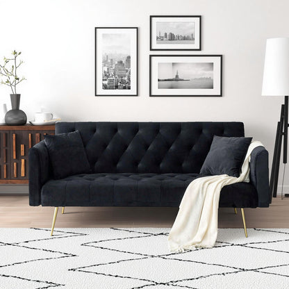 71-inch Foldable Double Sofa in black tufted fabric with gold legs HouseOfZazla American Retro style on Tampa Home & Garden Store