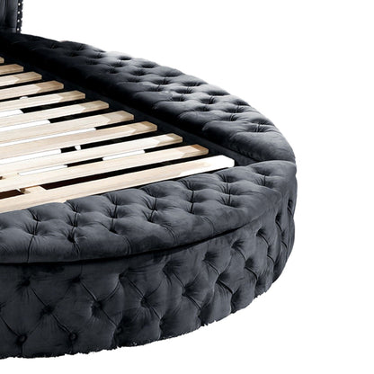 Hazel storage bed in charcoal gray velvet with tufted upholstery and slat base HouseOfZazla on Tampa Home & Garden Store