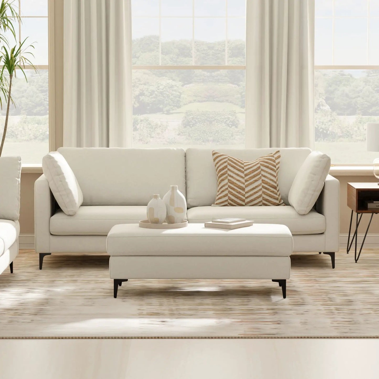 Ava Mid Century Sofa with Ottoman Set in Fabric