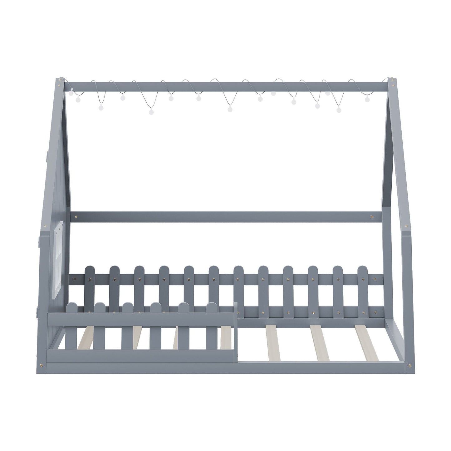 House Bed With Window And Fence gray wood platform bed frame by HouseOfZazla with string lights on Tampa Home & Garden Store