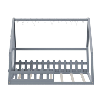 House Bed With Window And Fence gray wood platform bed frame by HouseOfZazla with string lights on Tampa Home & Garden Store