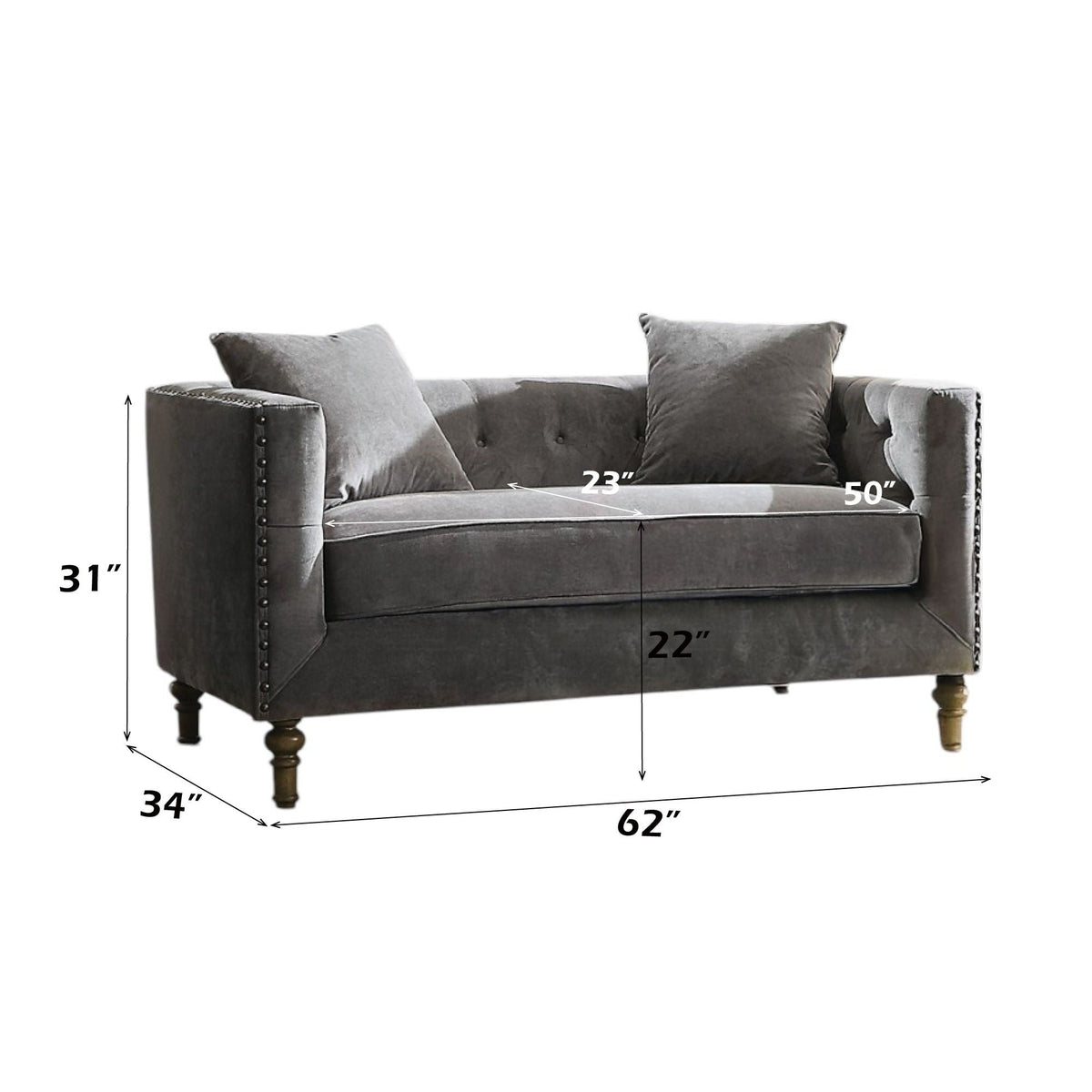 Sidonia gray loveseat with button tufting, two pillows and nailhead trim on Tampa Home & Garden Store