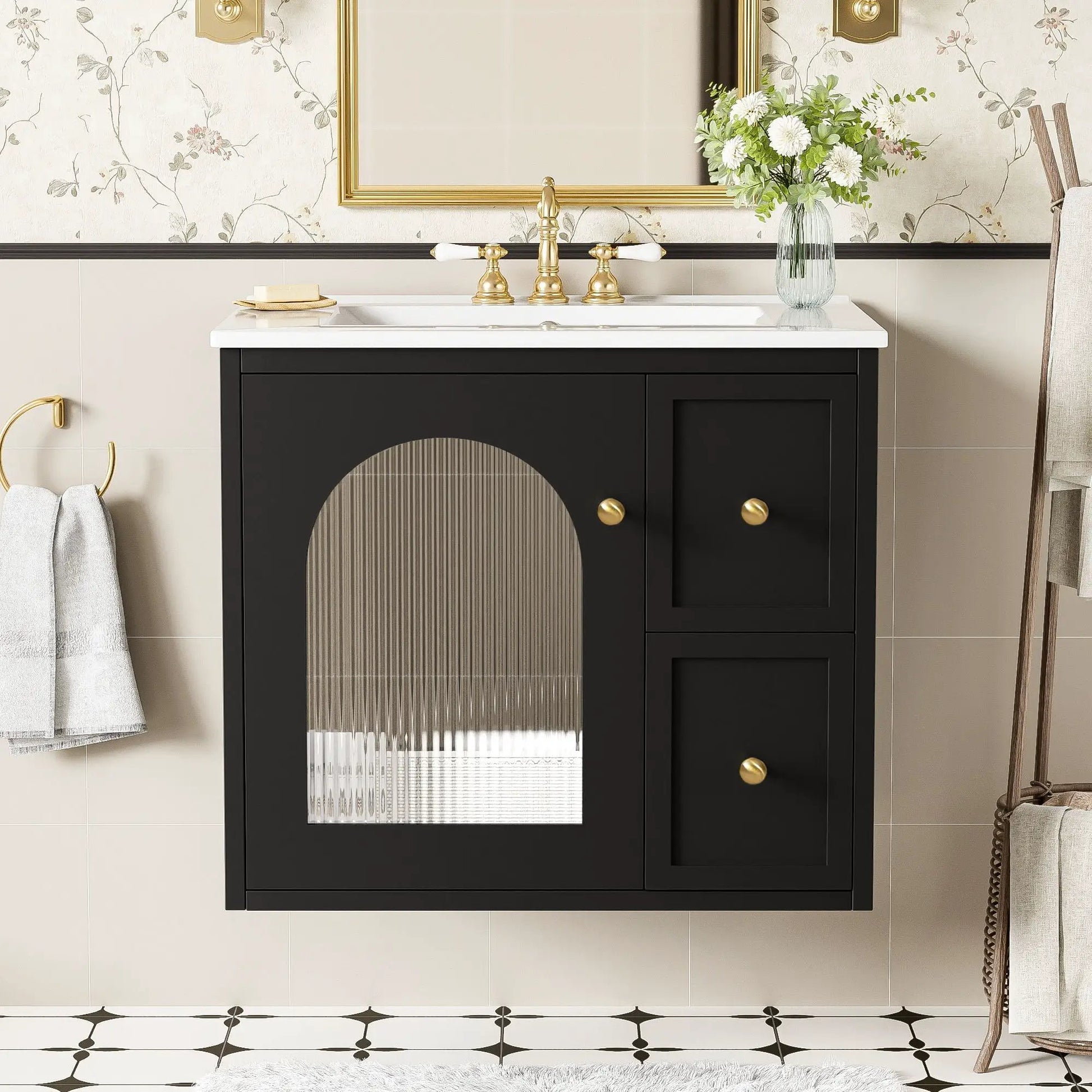 Wall-Mounted vanity set with sink, black cabinet, white top, 2 drawers and soft-close door on Tampa Home & Garden Store