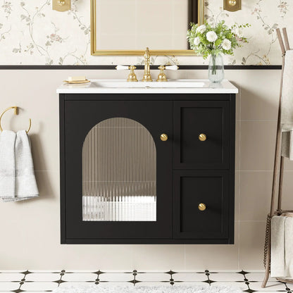 Wall-Mounted vanity set with sink, black cabinet, white top, 2 drawers and soft-close door on Tampa Home & Garden Store
