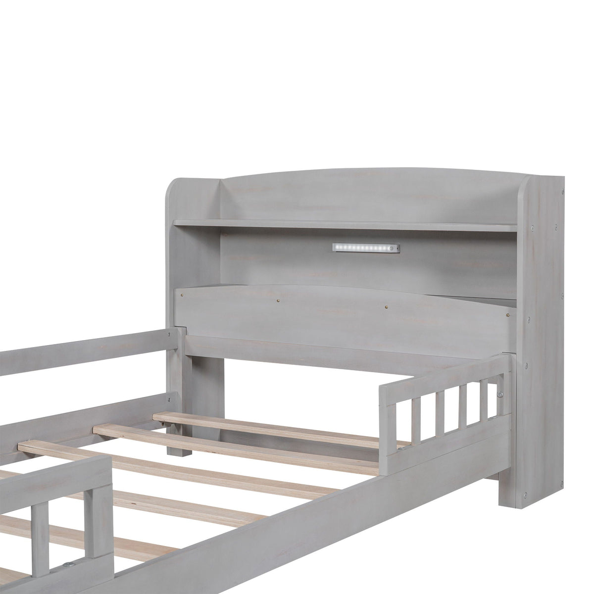 Wood platform bed with built-in LED light, storage headboard, gray finish and guardrail on Tampa Home & Garden Store