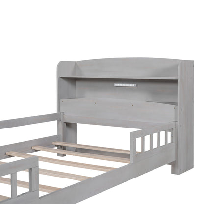 Wood platform bed with built-in LED light, storage headboard, gray finish and guardrail on Tampa Home & Garden Store