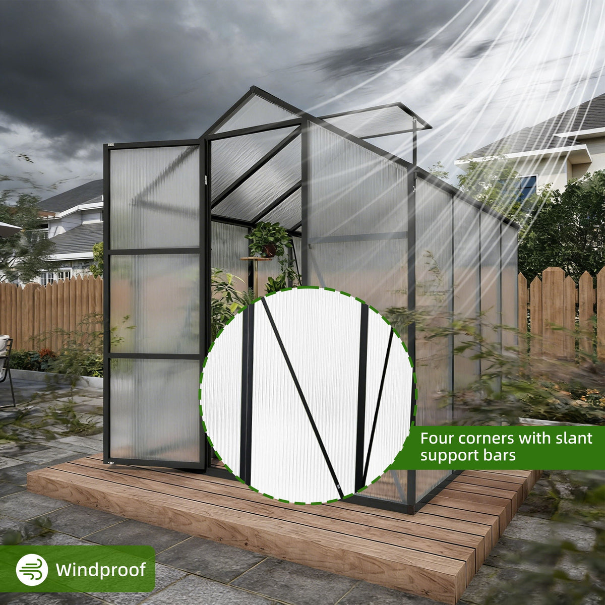 Windproof greenhouse with raised base, black frame, polycarbonate panels by HouseOfZazla on Tampa Home & Garden Store