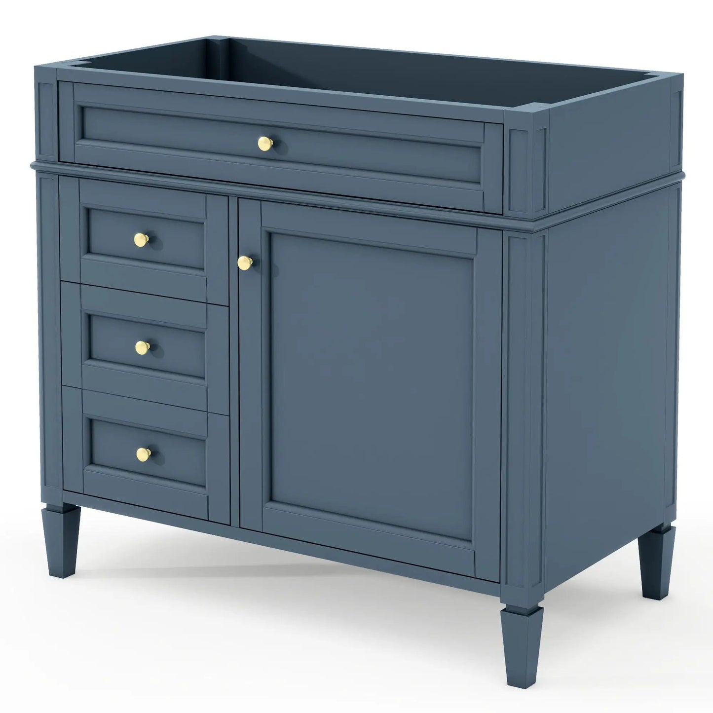 Bathroom vanity base in blue with 2 drawers, tip-out drawer, brass knobs storage cabinet on Tampa Home & Garden Store
