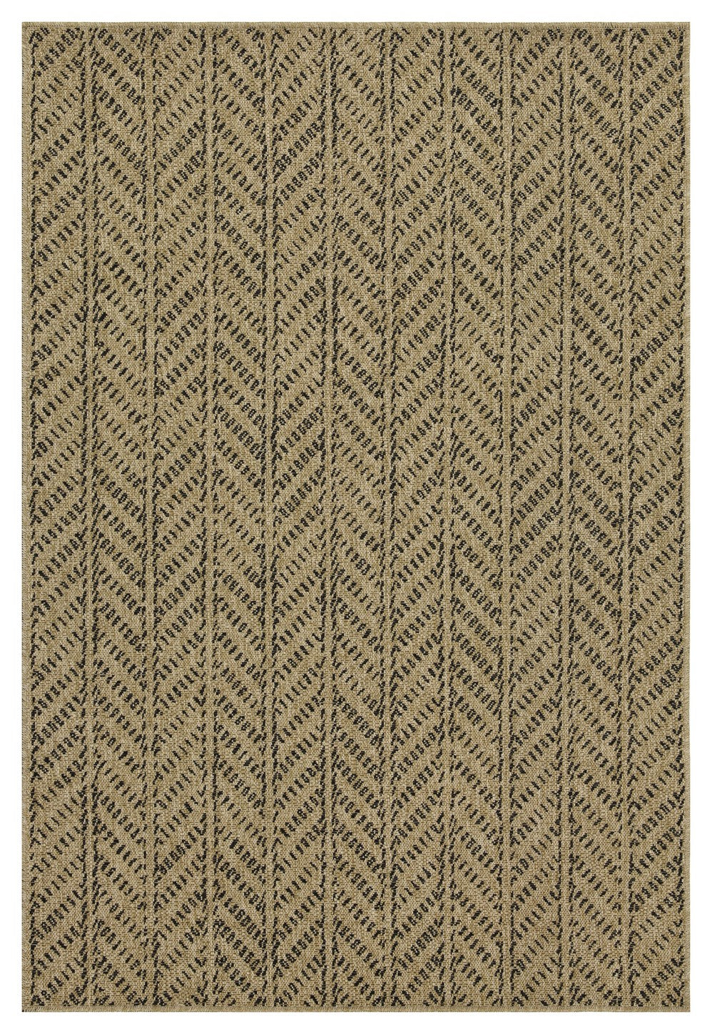 Earth Black Indoor and Outdoor Flatweave Rug with tan background and black chevron pattern by HouseOfZazla on Tampa Home & Garden Store