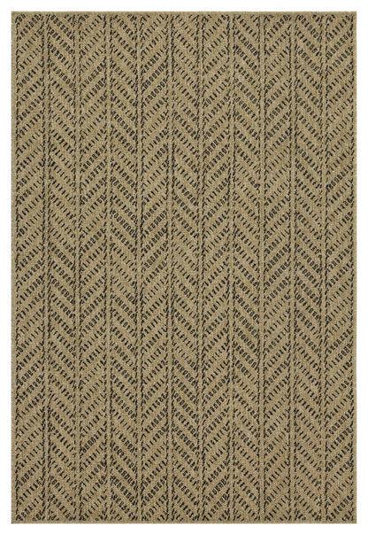 Earth Black Indoor and Outdoor Flatweave Rug with tan background and black chevron pattern by HouseOfZazla on Tampa Home & Garden Store