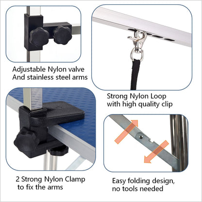 Large blue pet grooming table with adjustable arm and nylon clamps for dogs and cats on Tampa Home & Garden Store