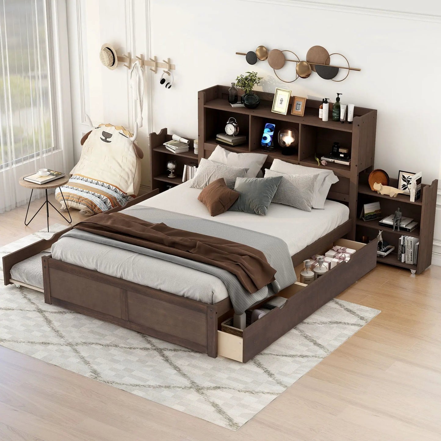 Storage Platform Bed With Shelves and Drawers