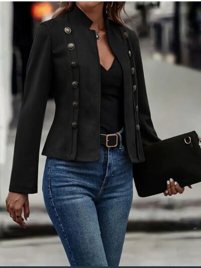 Decorative Button Open Front Jacket – black cropped outerwear by Stevvex with metal buttons on Tampa Home & Garden Store
