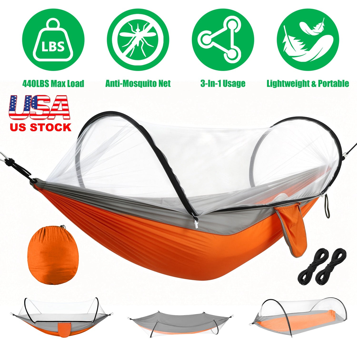 GemGear Camping Hammock with Mosquito Net, 3-in-1, 440lbs max load, orange/grey on Tampa Home & Garden Store