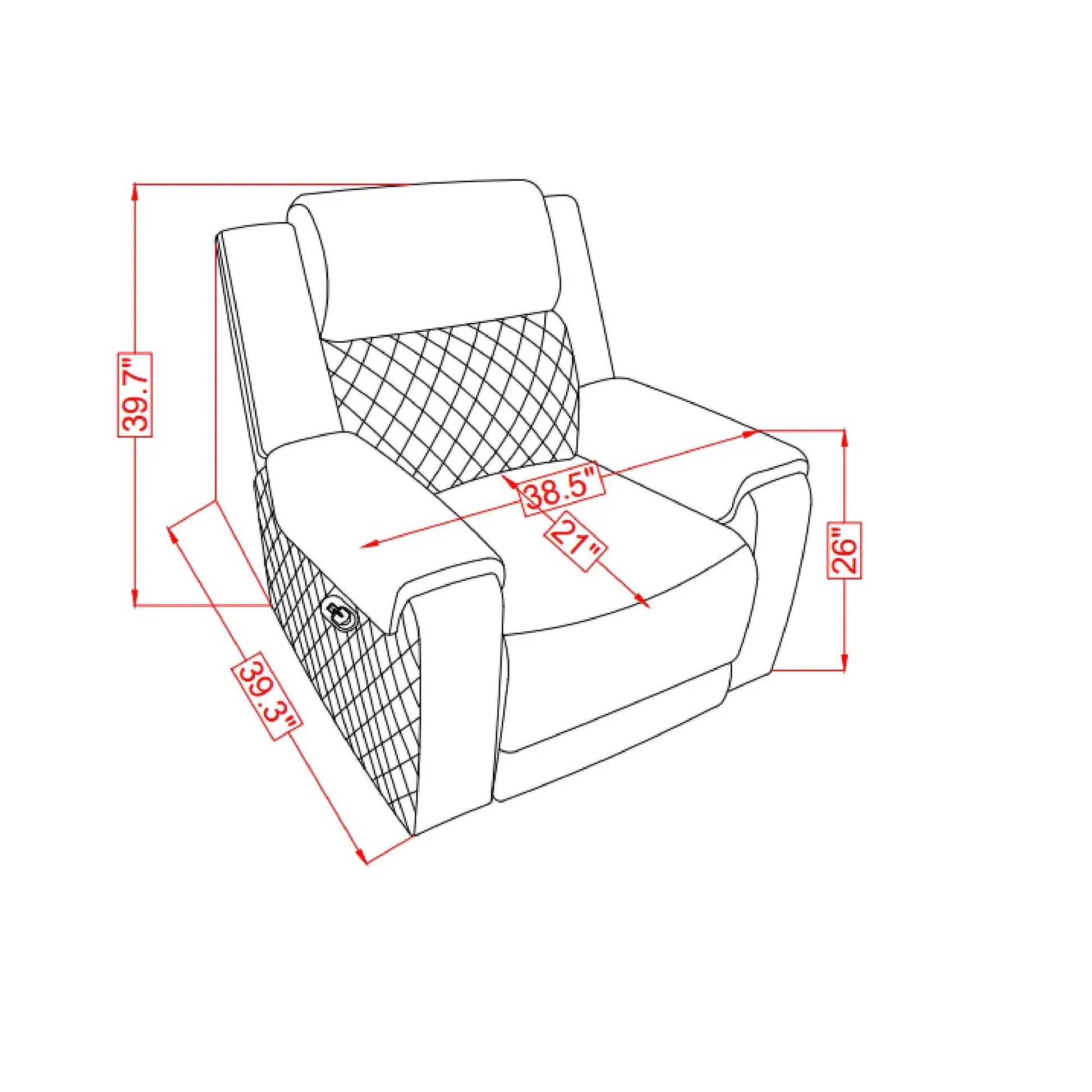 Alicia gray-black recliner by Unique Piece Furniture; padded back, leg rest, dimensioned diagram on Tampa Home & Garden Store