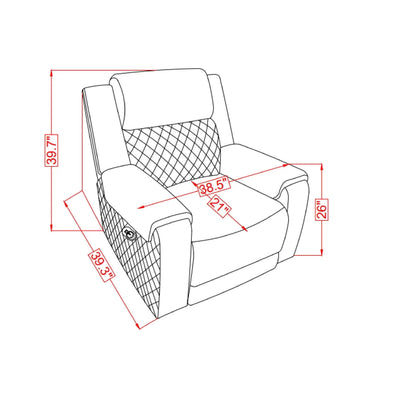 Alicia gray-black recliner by Unique Piece Furniture; padded back, leg rest, dimensioned diagram on Tampa Home & Garden Store