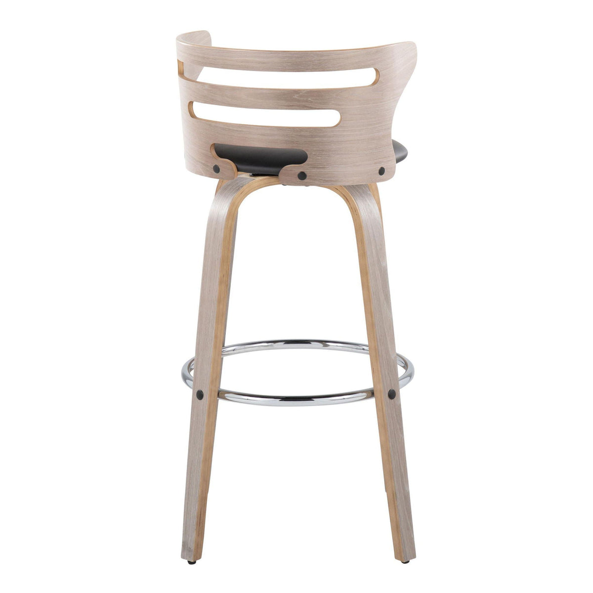 Mid Century Modern Barstool with Swivel and Footrest, natural wood frame with black seat on Tampa Home & Garden Store
