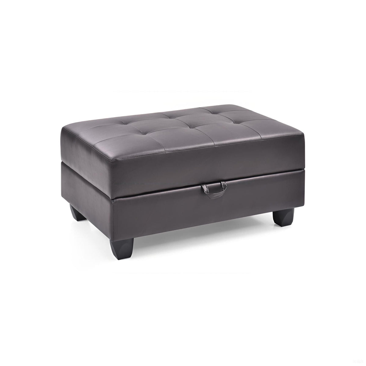 Dark brown storage ottoman with tufted lid and faux leather finish on short legs on Tampa Home & Garden Store