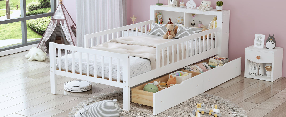 Bed with headboard storage rack, white 2 underbed drawers and side guardrails HouseOfZazla on Tampa Home & Garden Store