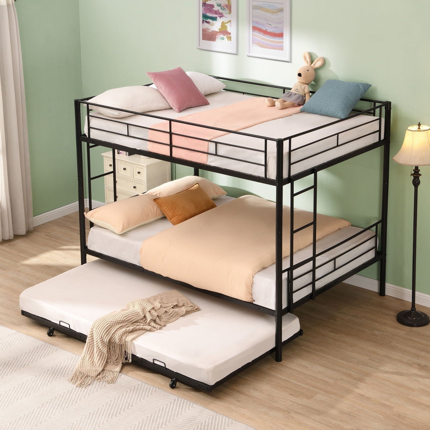 Modern Full Over Full Metal Bunk Bed and Trundle