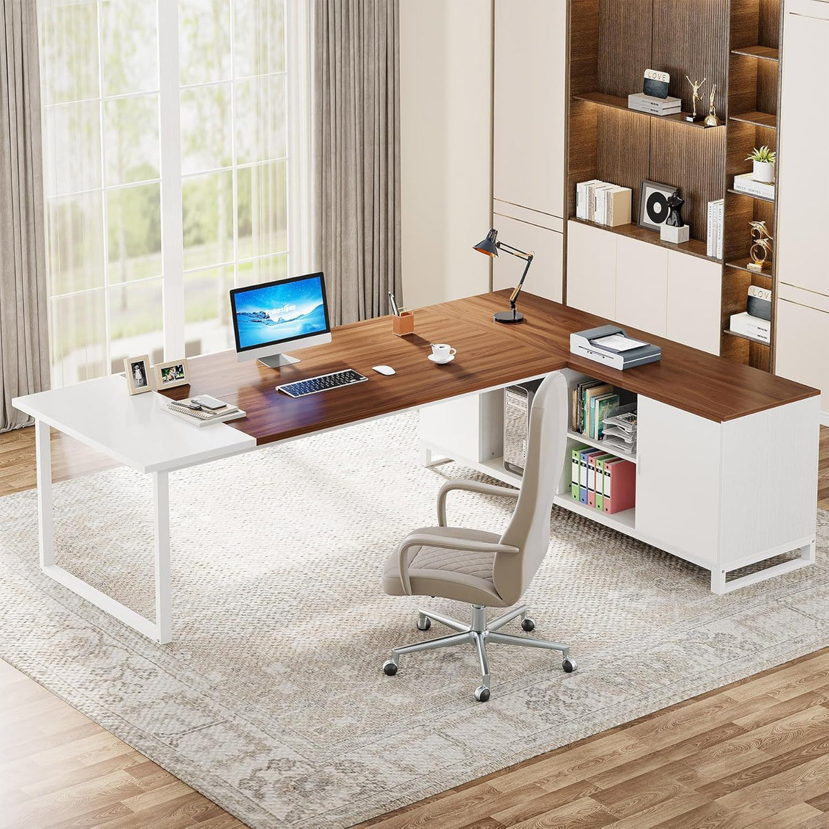 L-Shaped Executive Desk with File Cabinet in white frame and walnut top by HouseOfZazla on Tampa Home & Garden Store