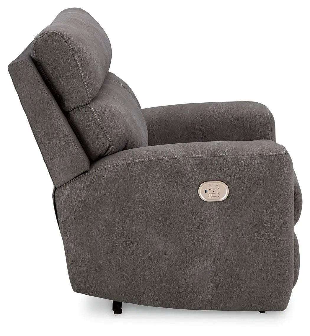 Next-Gen Durapella Power Recliner with Adjustable Headrest, gray upholstery, side control on Tampa Home & Garden Store