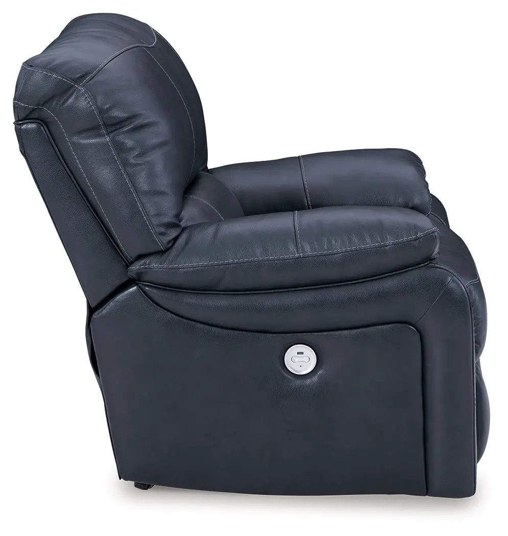 Leesworth rocker recliner in navy blue leather with power recline button on the outer side on Tampa Home & Garden Store