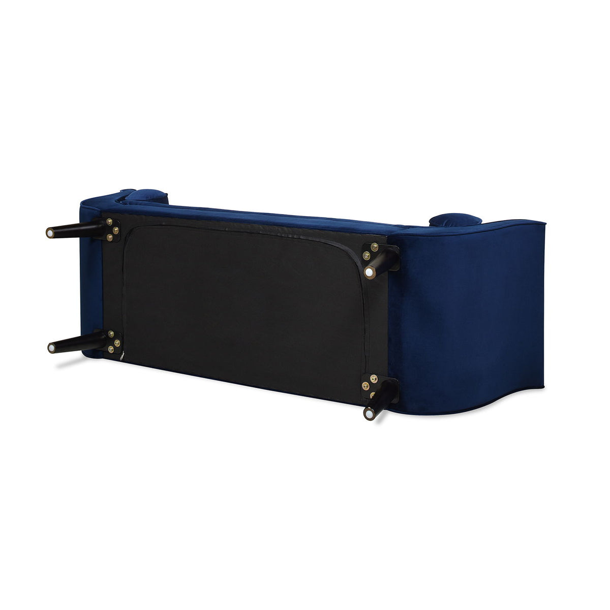 Blue velvet tufted entryway bench with flared arms, underside shows black panel and legs on Tampa Home & Garden Store