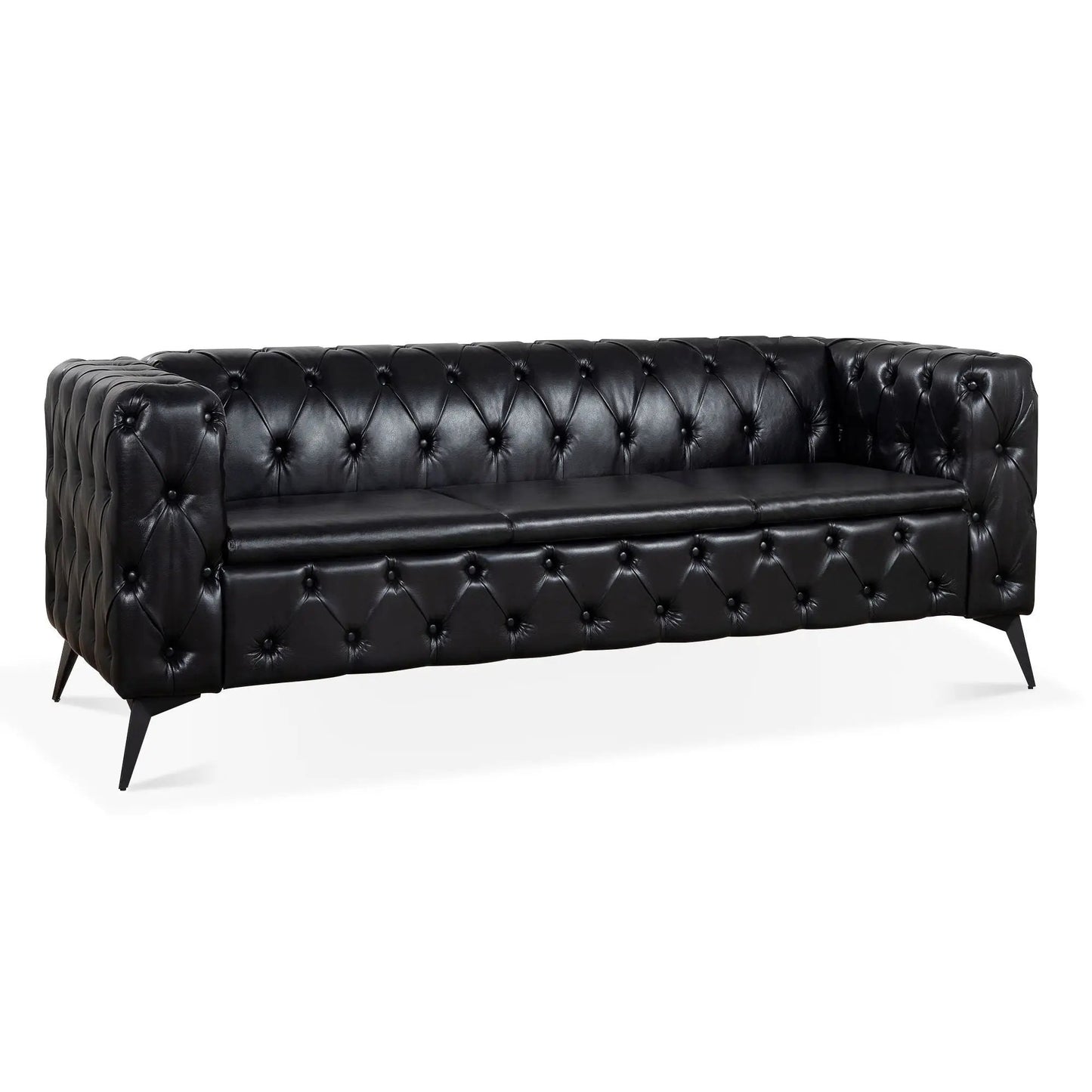 Square Arm Removable Cushion 3 Seater Sofa in black leather with tufted back and angled legs on Tampa Home & Garden Store