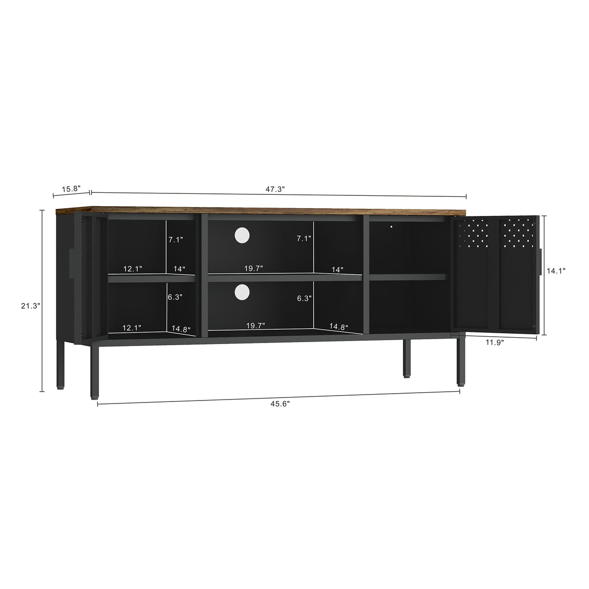 Storage Cabinet TV Stand with Steel Frame and wooden top, black finish, dual cabinets on Tampa Home & Garden Store