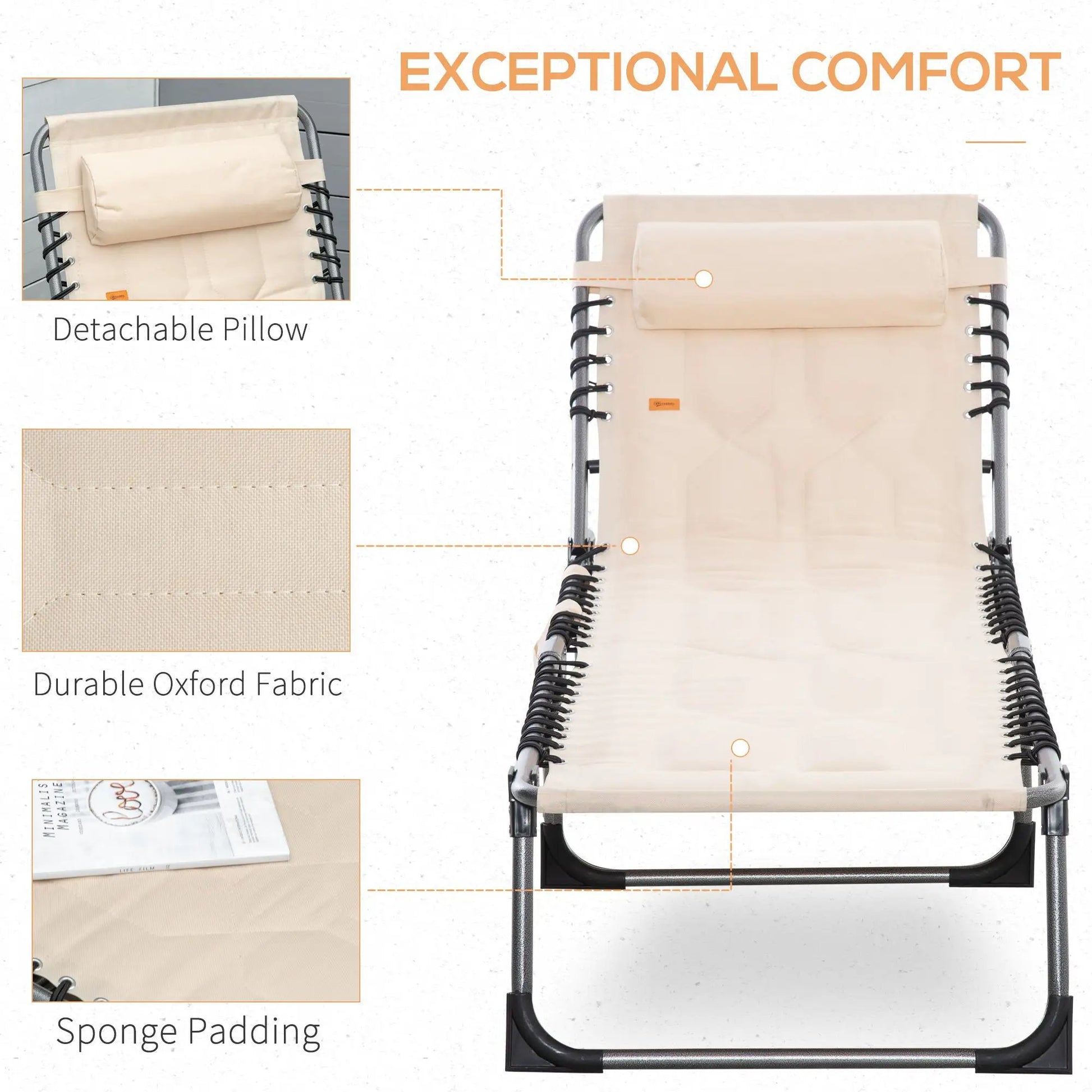 Beige padded folding chaise lounge chair with detachable pillow, 6-position reclining on Tampa Home & Garden Store