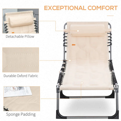 Beige padded folding chaise lounge chair with detachable pillow, 6-position reclining on Tampa Home & Garden Store