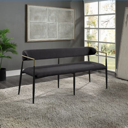 Jaramillo Chenille Bench Black upholstered two-seat bench with slim black legs and gold-tone arms on Tampa Home & Garden Store