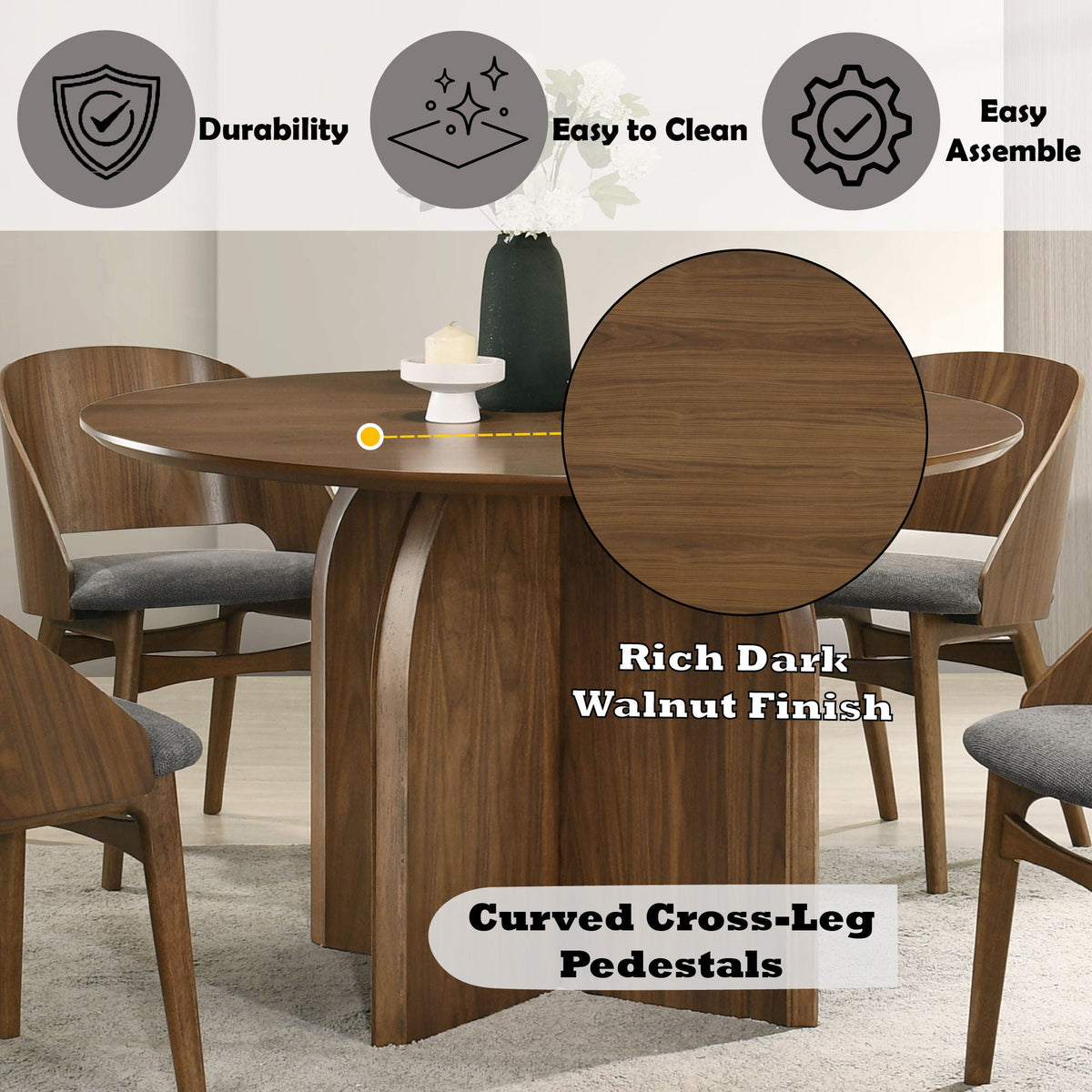 Delmon Round Dining Table with Fixed Top Dark Walnut by HouseOfZazla on Tampa Home & Garden Store