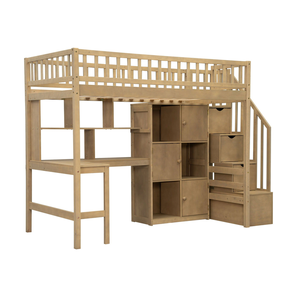 Loft bed with built-in L-shaped desk, storage and staircase in natural wood by HouseOfZazla on Tampa Home & Garden Store